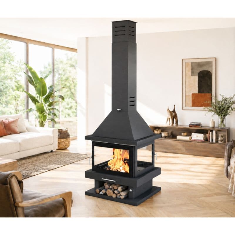 Poêle à bois FIREMATIC Oregon 13.8 kW avec cheminée centrale et 4 vitres
