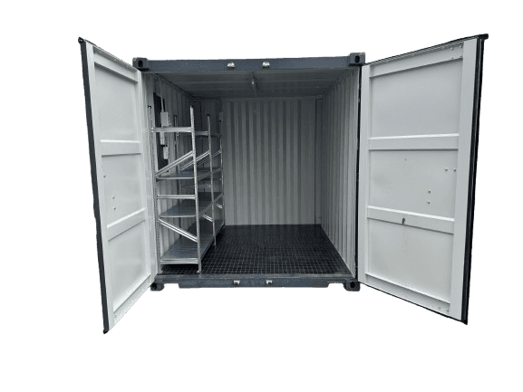 10 Fuß Lagercontainer mit Schwerlastregalen + Strompaket