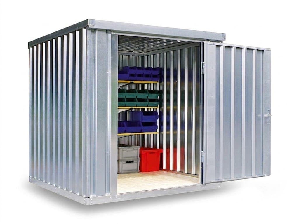 Contenedor de materiales MC 1200, galvanizado, desmontado, con suelo de madera, 2100 x 2170 x 2150 mm, puerta de un batiente en el lado de 2 m