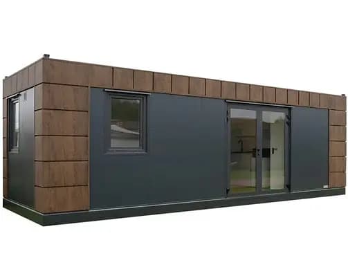 Contenedor modelo Helsinki de 8×3 metros con instalaciones sanitarias y cocina.