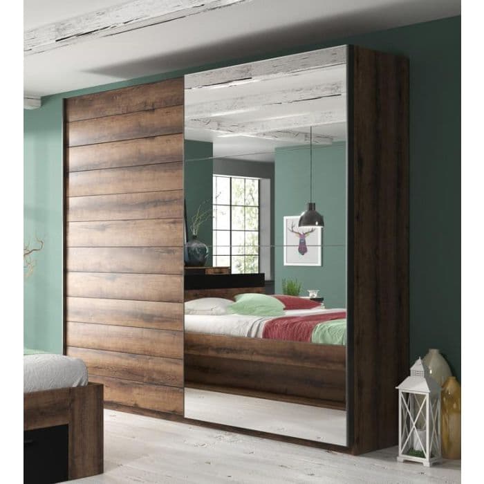 VIMA 180cm Oak 2 Door Mirrored Sliding Wardrobe – Modern Bedroom Storage UK
