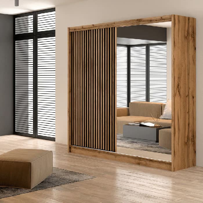 LONDON Oak Wotan / Black 2 & 3 Door Wardrobe with Mirror – Modern Bedroom Storage UK