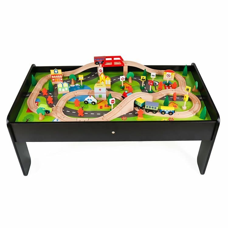 Table circuit train en bois 90 pièces WOODoudou - noir