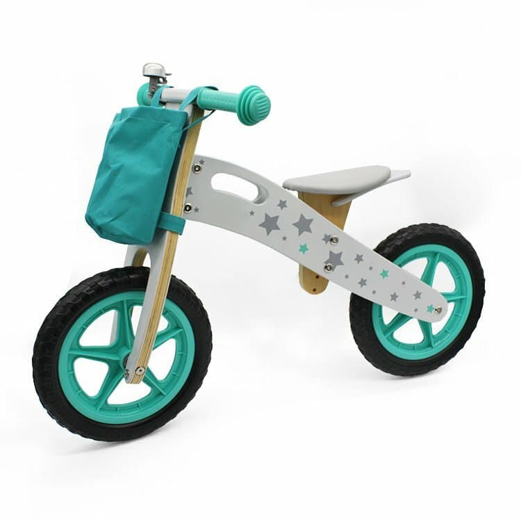 Draisienne en bois turquoise étoile - Vélo d'équilibre avec sonnette et sacoche