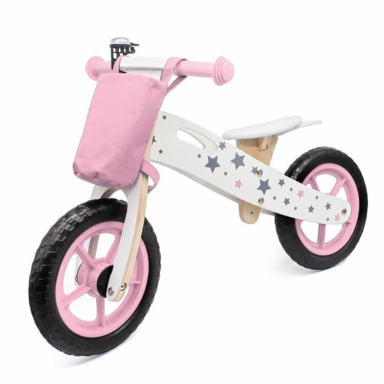 Draisienne en bois rose étoile - Vélo d'équilibre avec sonnette et sacoche