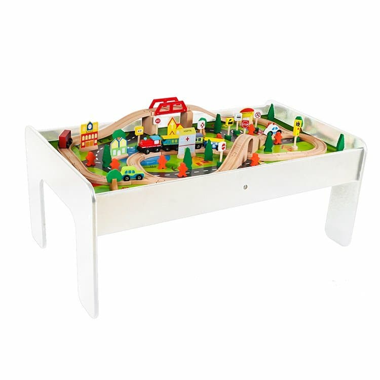 Table circuit train en bois 90 pièces WOODoudou- blanc