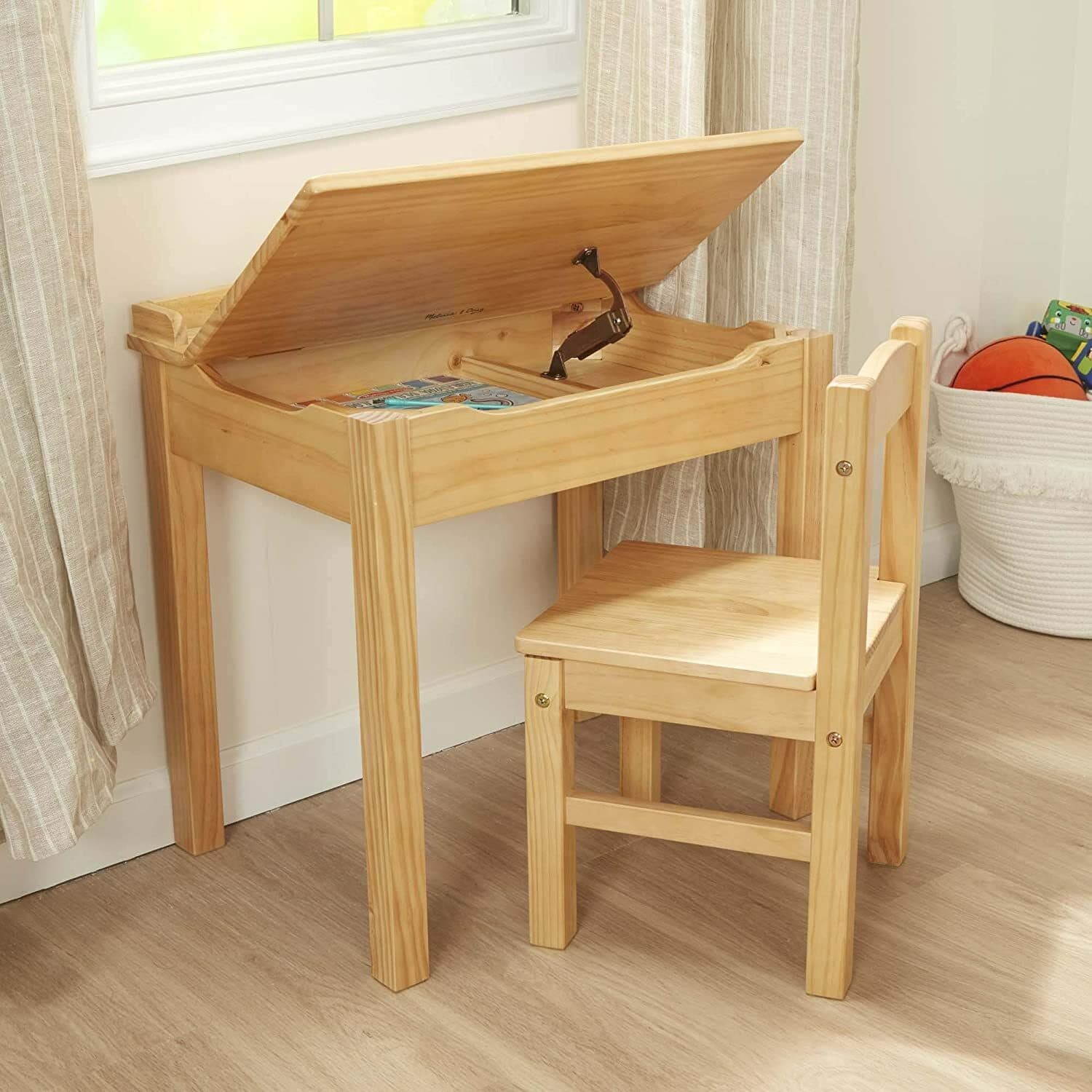 Melissa & Doug - Bureau enfant Pupitre à couvercle rabattable et chaise en bois pour enfant, naturel