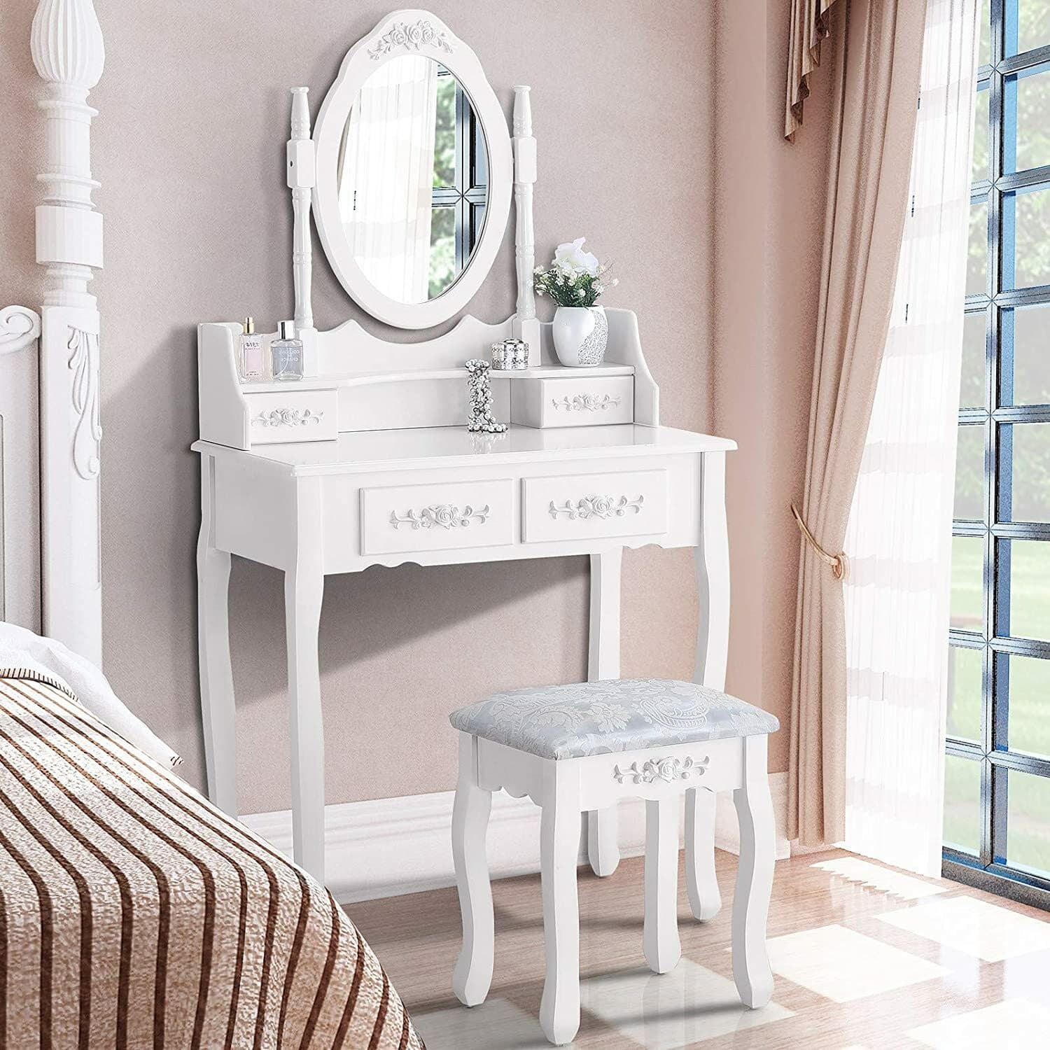 Coiffeuse avec Miroir en bois Table de Maquillage Blanche Fille avec Tabouret