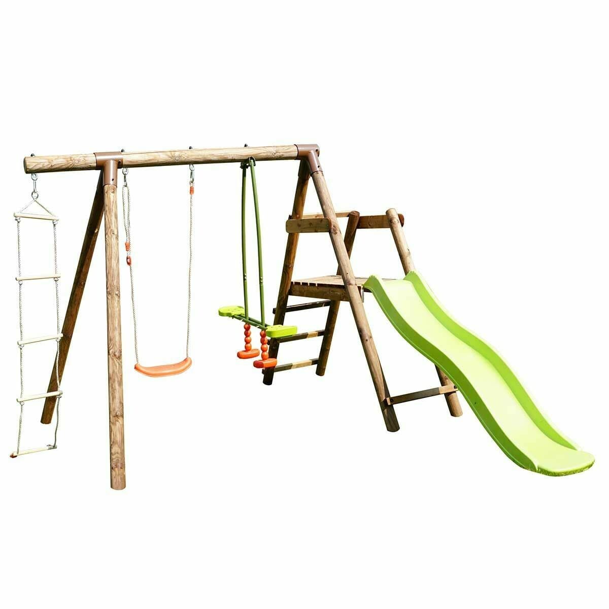 Station en bois traité pour enfant 3 agrès et toboggan - Mûrier