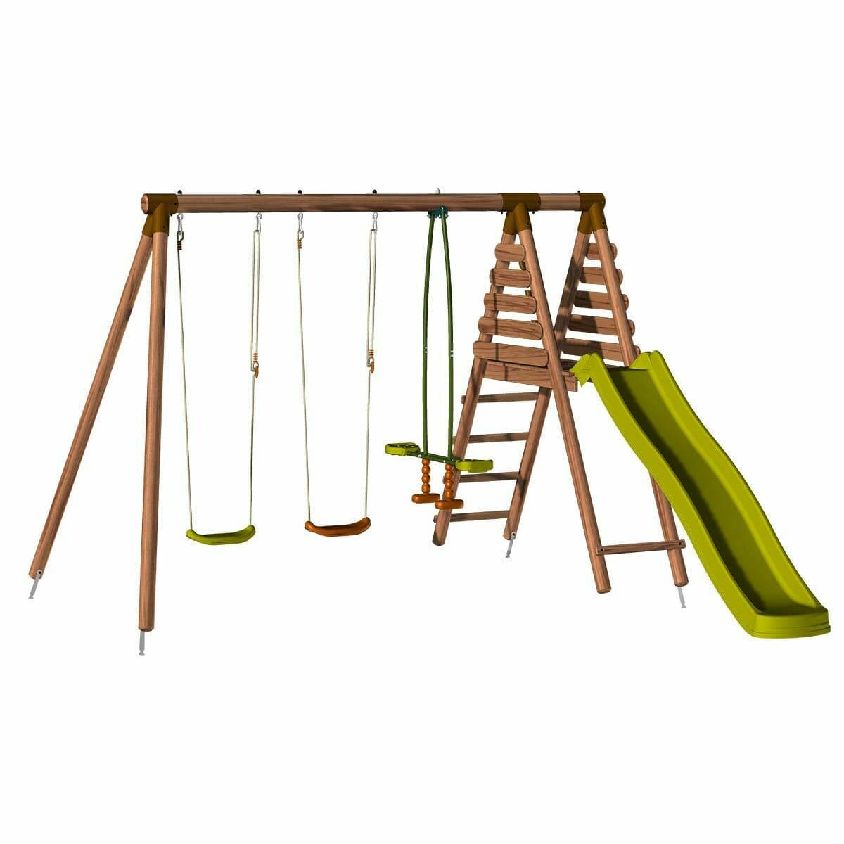 Portique en bois avec plateforme 3 agrès et toboggan - Violette