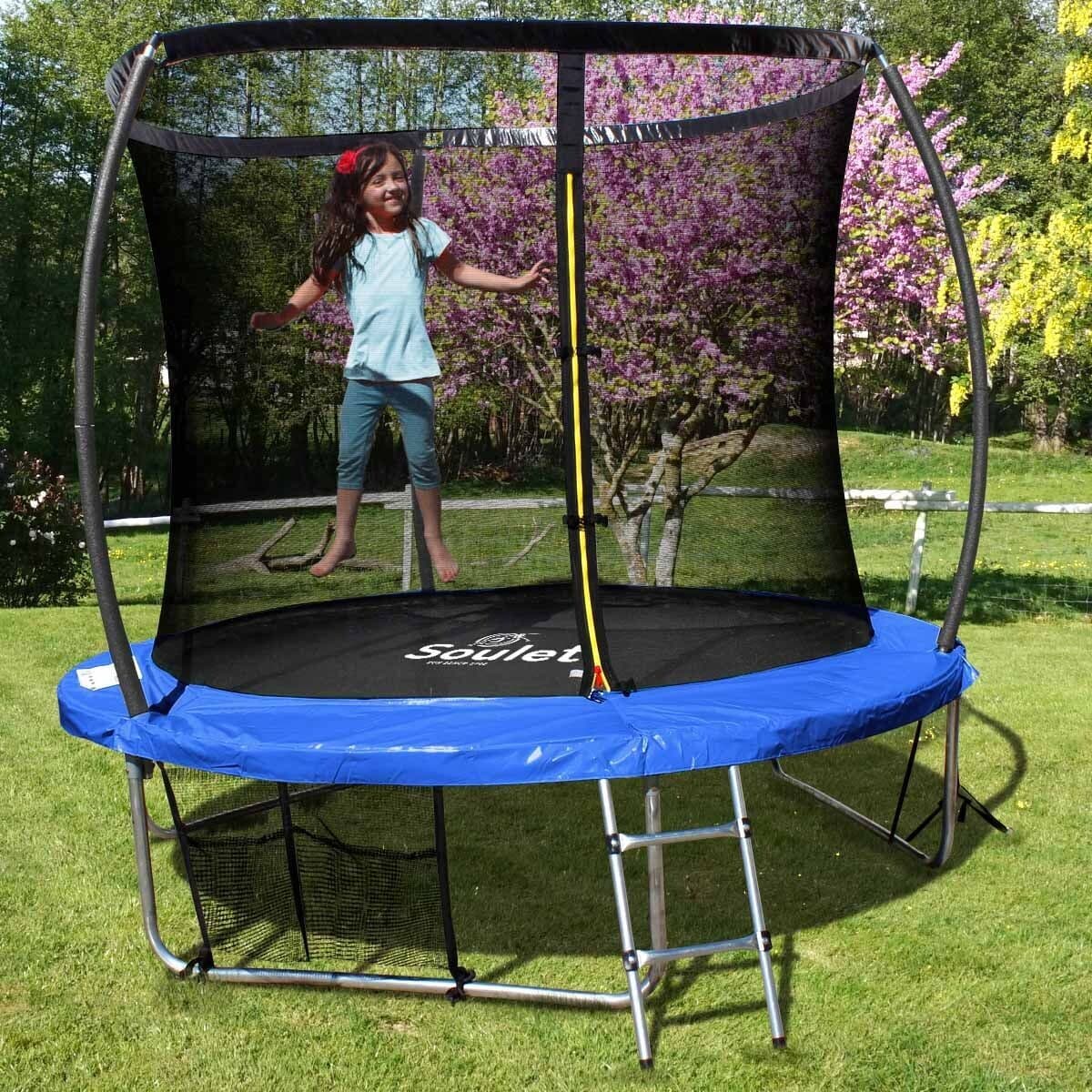 Trampoline Extérieur Bleu diam. 2,44m ( 8FT) pour Enfants avec Filets + échelle+ renfort de protection -Soulet