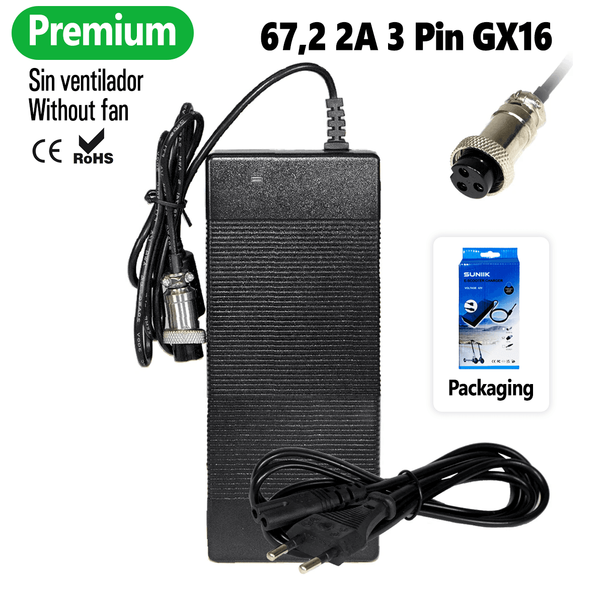 Chargeur premium 67,2V 2A connecteur 3 broches GX16 Suniik