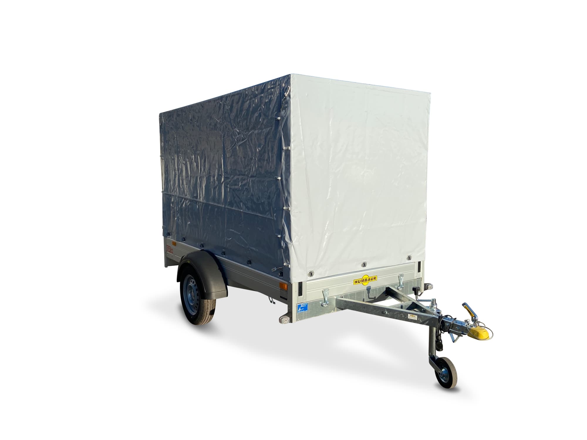 Humbaur PKW-Anhänger HA 752513 KV Alu 750kg Ladefläche 2,51x1,31m mit Klappe vorn m. Planenaufbau 1,50m Innenhöhe grau