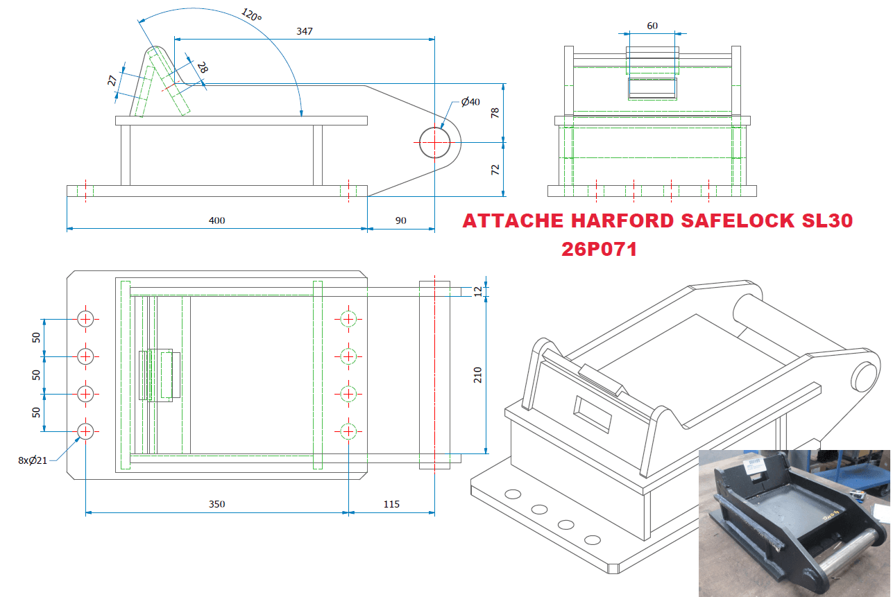 Attache rapide HARFORD SAFELOK SL 30 pour mini-pelle Takeuchi