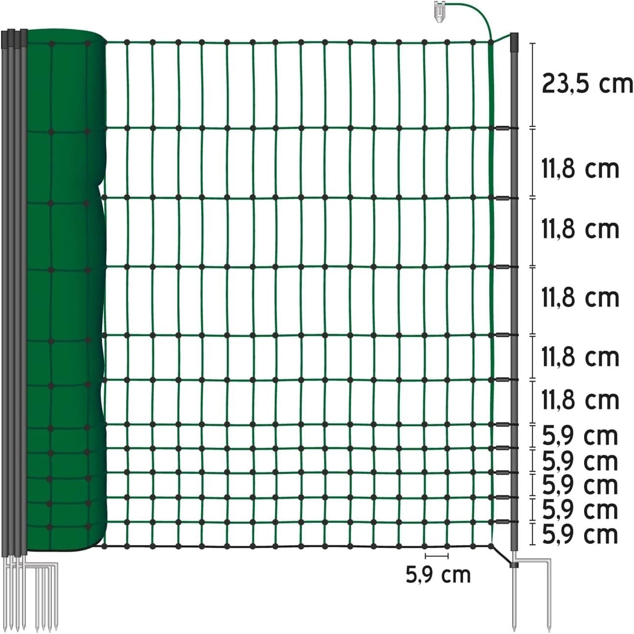 Elektrifizierbares Geflügelnetz 50 m Höhe 112 cm 20 Doppelspitzen-Reparaturset