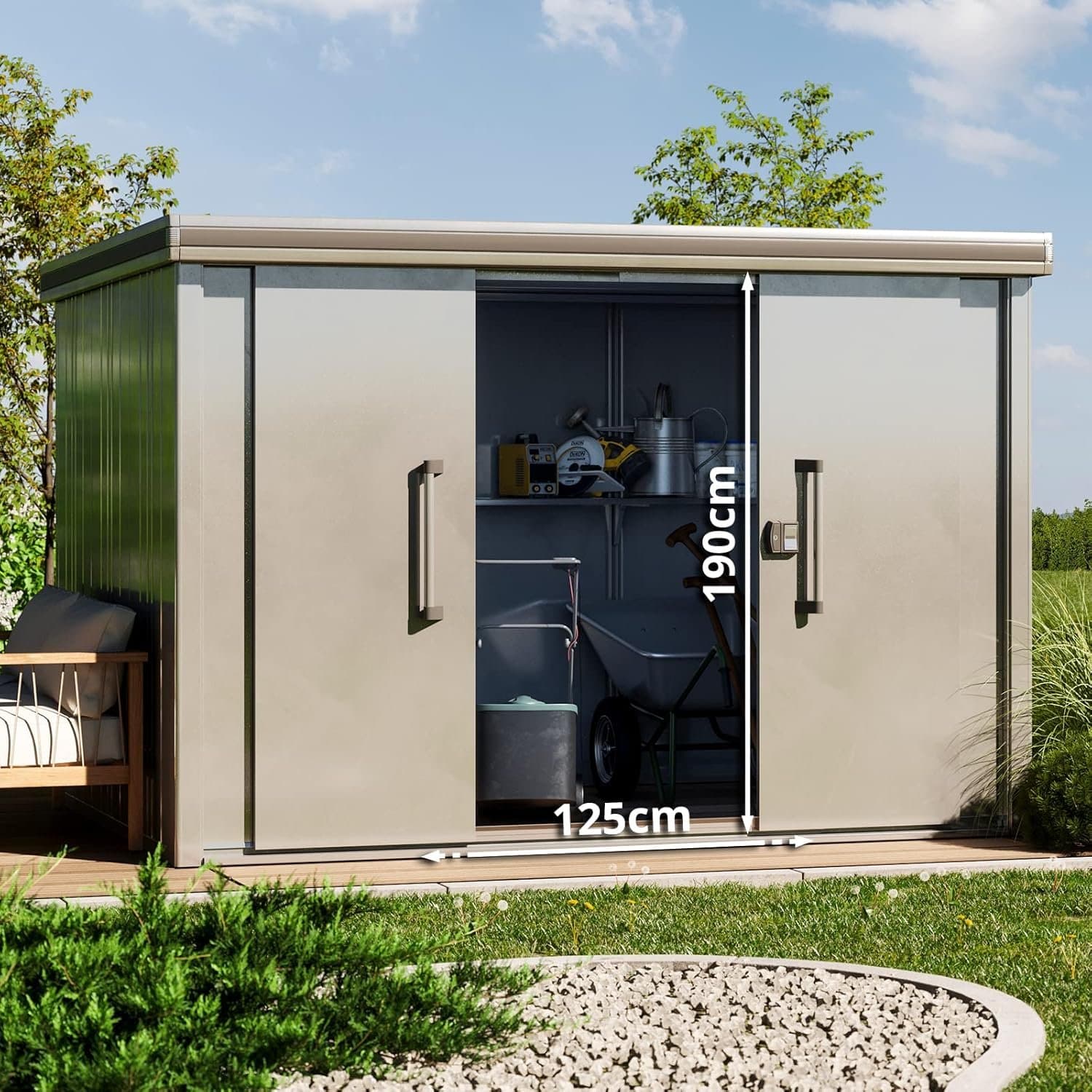 Gartenhaus aus Metall mit flachem Dach und grauer Schiebetür