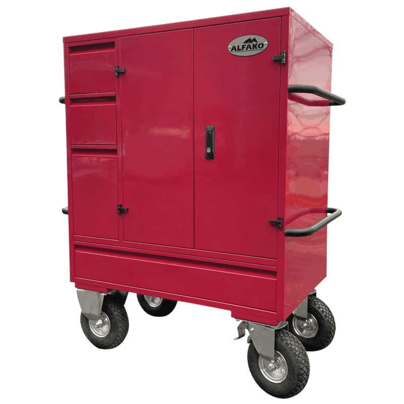 Wettkampfkoffer Midi Raspberry 137,5 x 100 x 60 cm, lackierter Stahl, 2 Hocker, 3 Schubladen