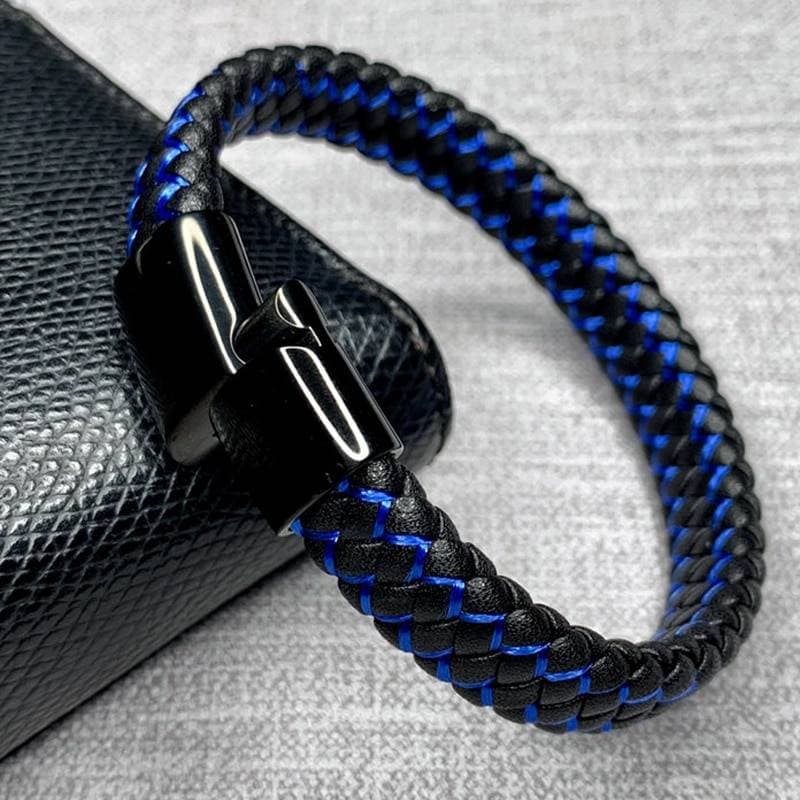 Fashion Braided Black Blue Leather Bracelet Men C Gold Clasp Wearing length 205mm