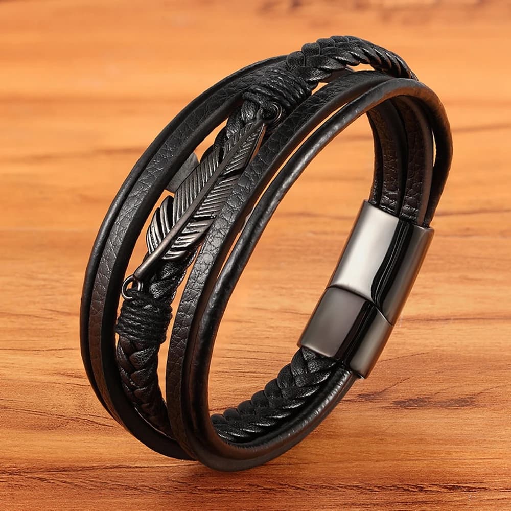 XQNI Multi-layer Leather Feather Shape Accessories Men's Bracelet Stainless Steel Leather Bracelet For Special Birthday Present Black 21cm