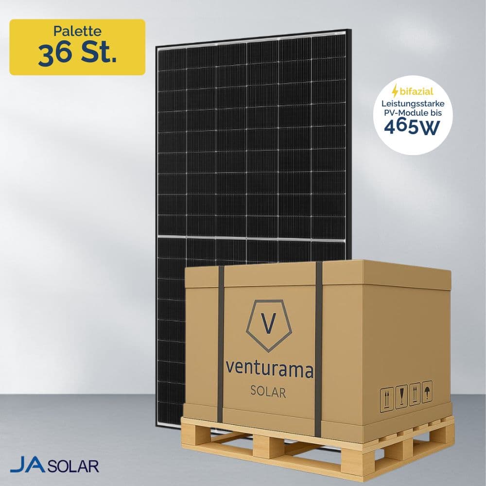 JA Solar 465W bifazial Glas-Glas JAM54D40 LB Black Frame Solarmodul Palette