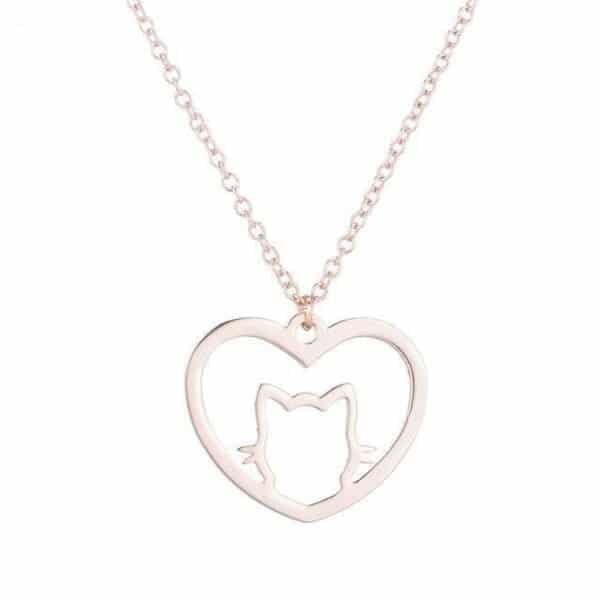 Collier chat dans un coeur couleur or rose