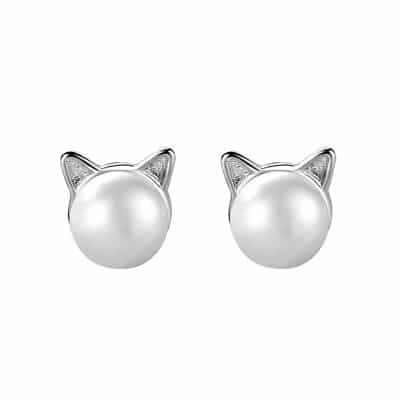 Boucles d'oreilles chat avec perle blanche
