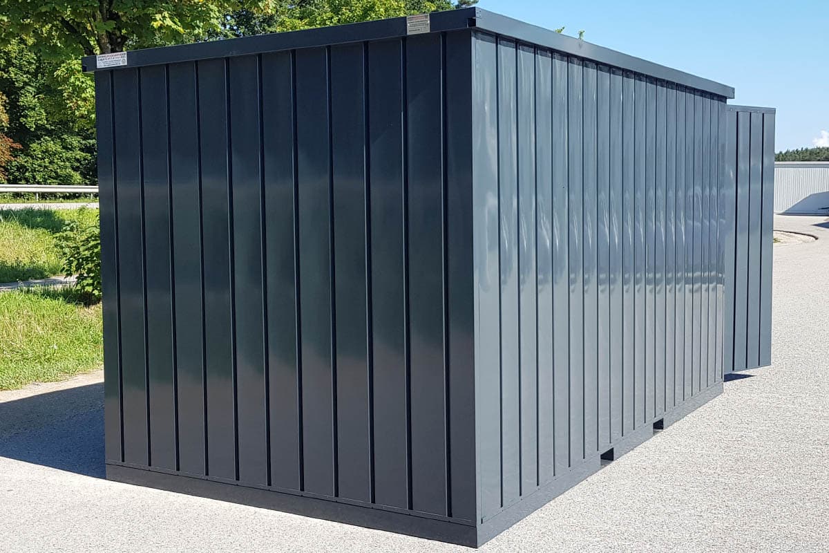 Materialcontainer MC5 lackiert RAL 7016 Anthrazitgrau | H 2090 x B 2142 x T 4882 mm | Tür stirnseitig zweiflügelig