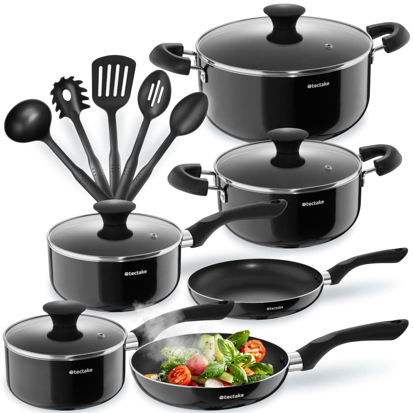 tectake® Set de casseroles & poêles Aluminium inox revêtement anti-adhésif, Lot de casseroles, poêles, marmites, couvercle casserole, ustensiles d