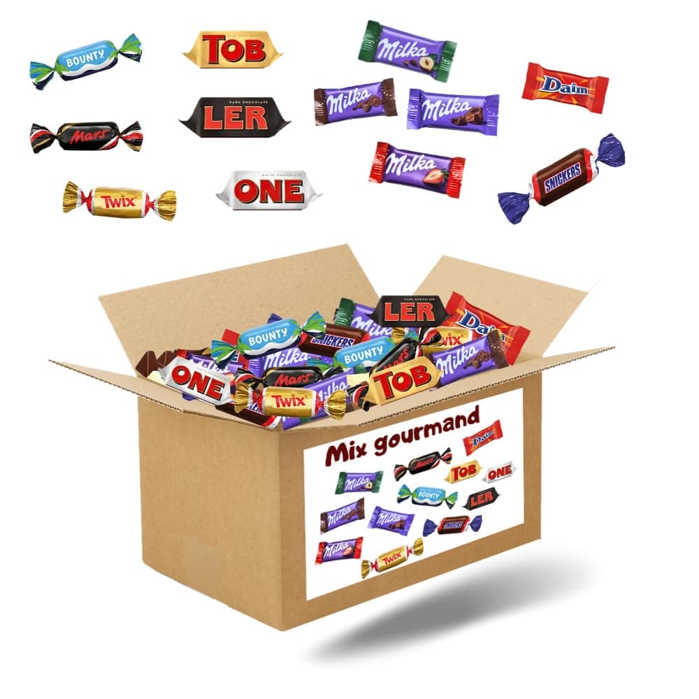 Assortiment de 250 mini-chocolats Mars, Snickers, Bounty, Twix, Milka, Daim, Toblerone | emballés individuellement 1.9 kgs | boite à partager pour les