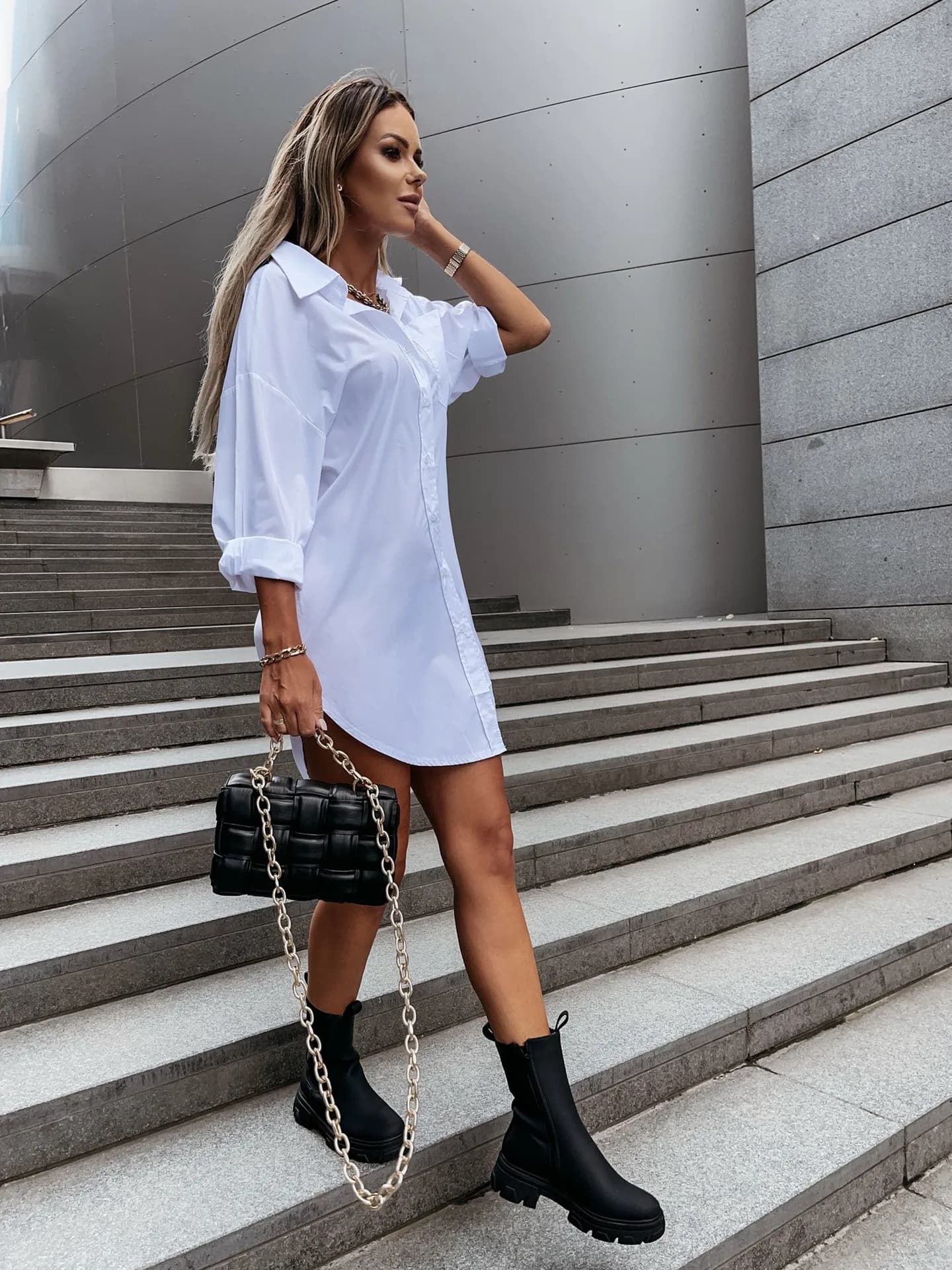 Robe chemise à boutons sur le devant pour femmes, couleur unie, robe décontractée à revers à manches longues pour le printemps et l'automne - white , 