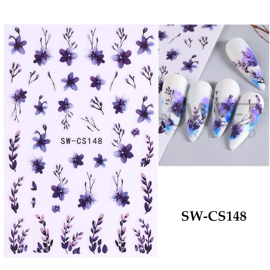 Autocollants 3D fleur pour Nail Art, pétales bleus et violets, orchidées florales, curseur de lys, décalcomanies, décor élégant de printemps, accessoi