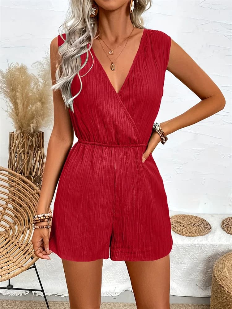 combinaison femme eté Barboteuse d'été décontractée pour femme diabétique, col en v croisé, en fibre solide, salopette courte, combishort de vacances,
