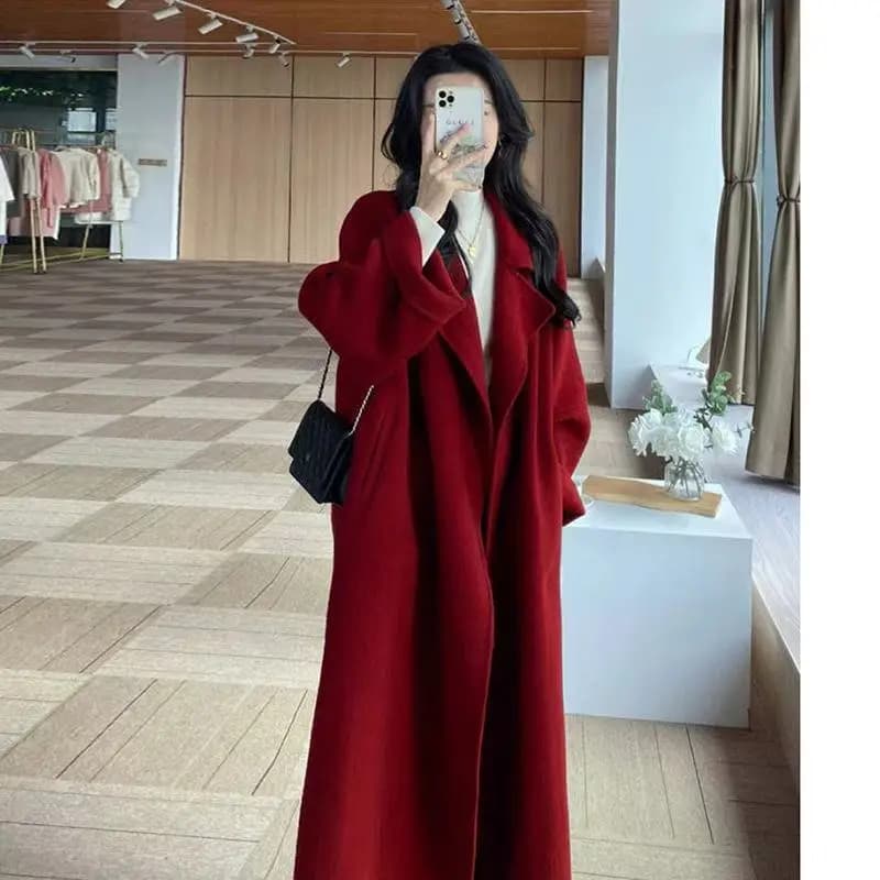 Manteau femme laine velours double face – élégant, chaud, coupe midi, automne hiver - 4XL , Rouge