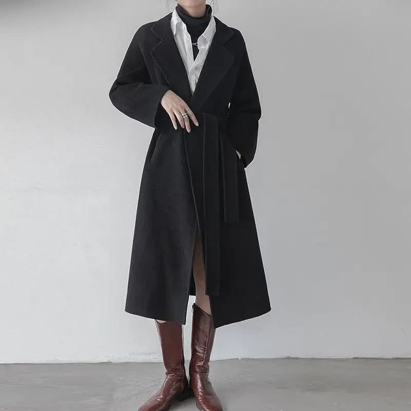 Manteau femme laine velours double face – élégant, chaud, coupe midi, automne hiver - 3XS , Black