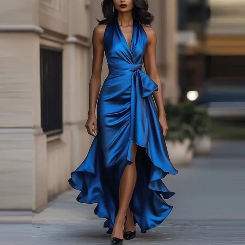 Robe de soirée longue élégante – Slim, col V, 8 couleurs, tailles 34 à 48 - 05 Blue - S