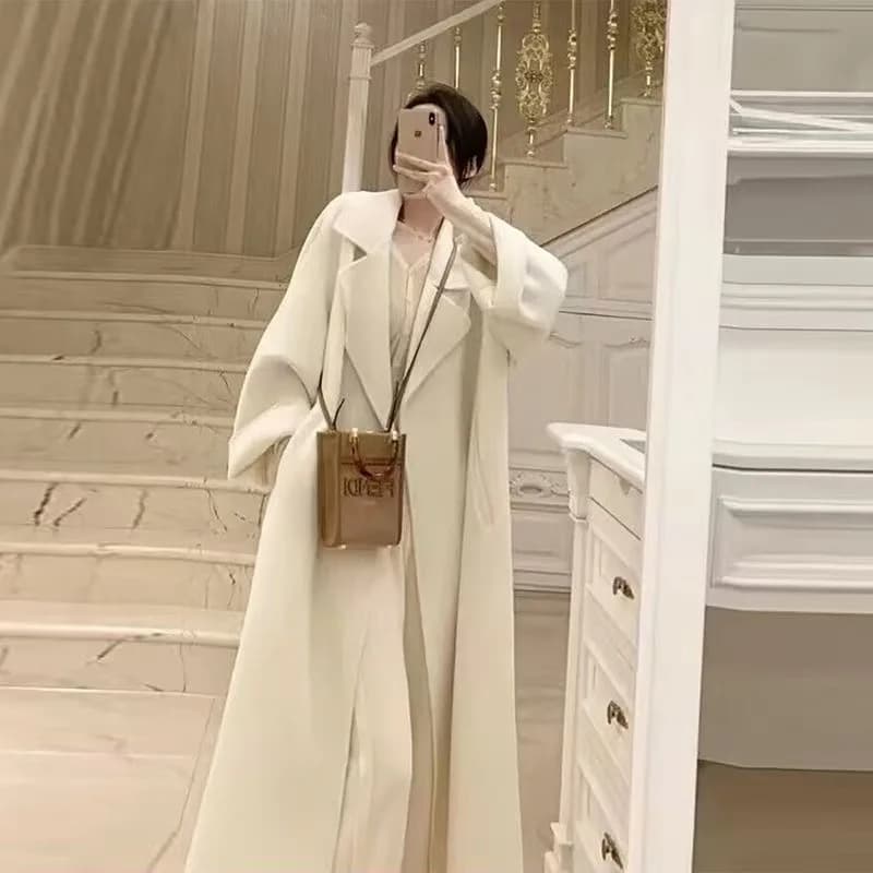 Manteau femme laine velours double face – élégant, chaud, coupe midi, automne hiver - 2XL , Off-white