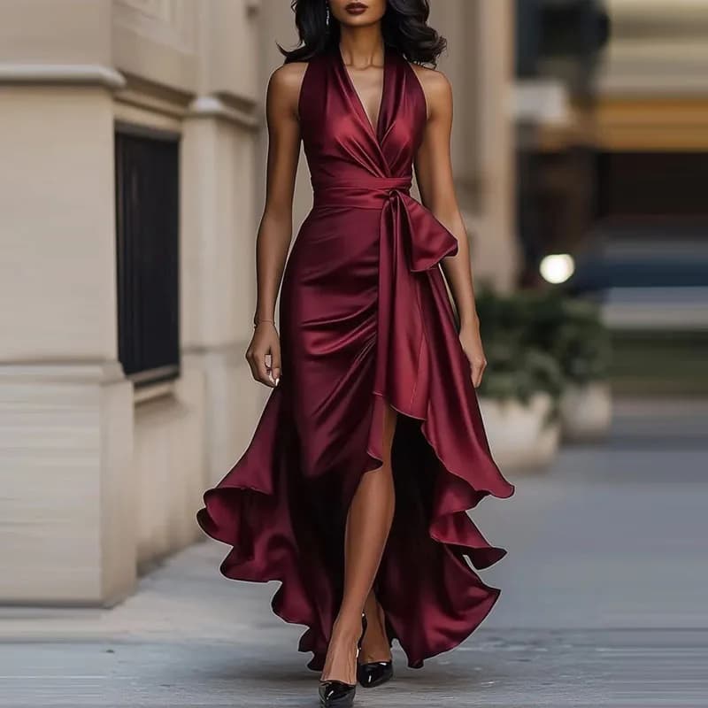 Robe de soirée longue élégante – Slim, col V, 8 couleurs, tailles 34 à 48 - 04 Deep Red - XXL
