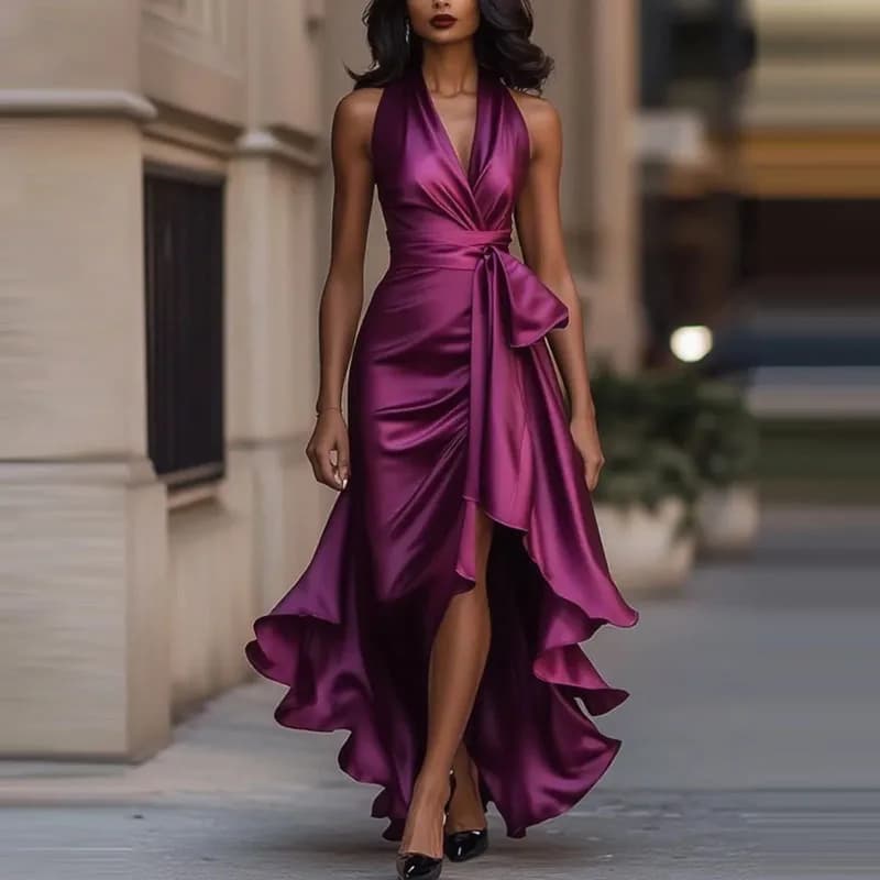 Robe de soirée longue élégante – Slim, col V, 8 couleurs, tailles 34 à 48 - 03 Burgundy - M