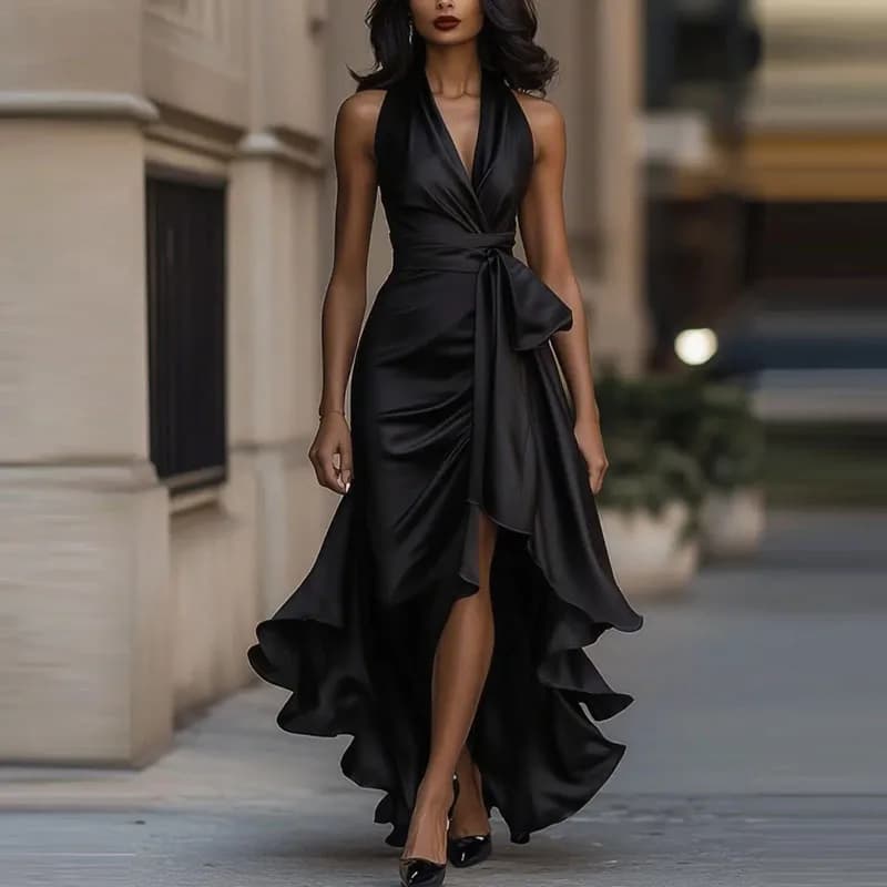 Robe de soirée longue élégante – Slim, col V, 8 couleurs, tailles 34 à 48 - 02 Black , XS