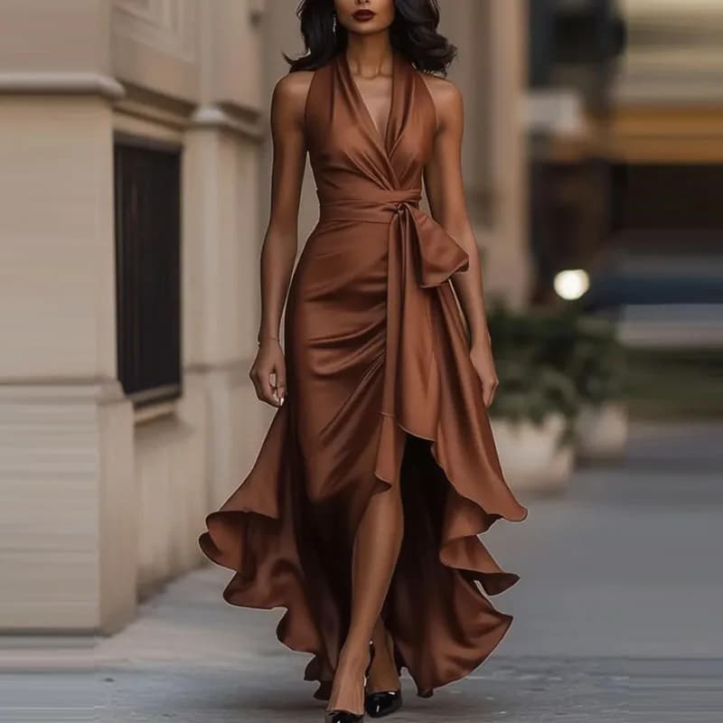Robe de soirée longue élégante – Slim, col V, 8 couleurs, tailles 34 à 48 - 07 Brown - XL