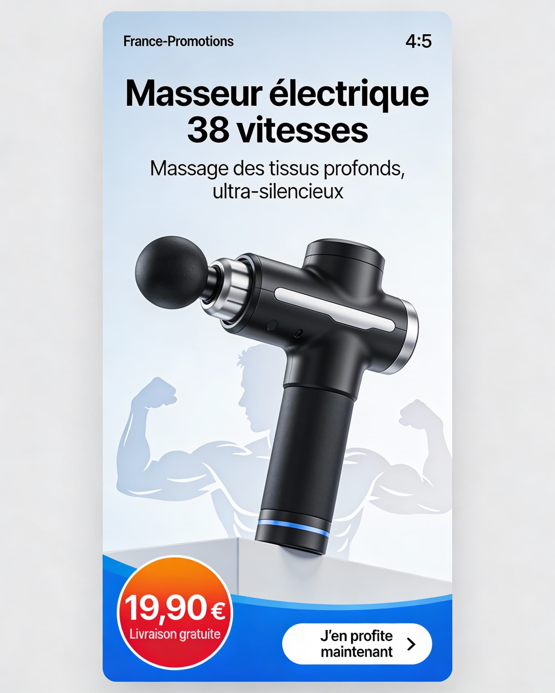 Masseur électrique portatif 38 vitesses – tissus profonds, ultra-silencieux, 4 têtes