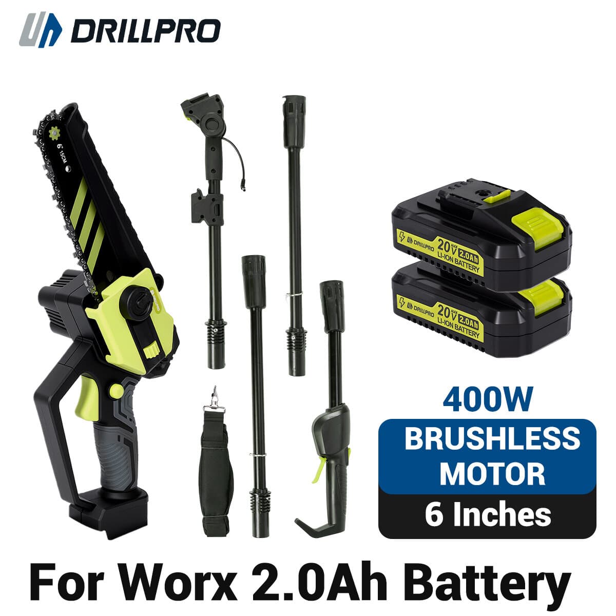 Scie Sans Fil Drillpro 2‑en‑1 Brushless – Mini Tronçonneuse 6" + Perche Télescopique (option)– Compatible Batterie Worx – Portée 2 m - Type D