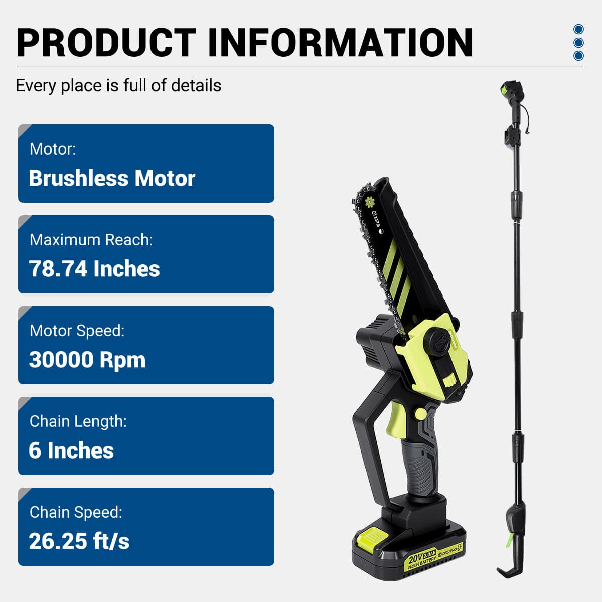Scie Sans Fil Drillpro 2‑en‑1 Brushless – Mini Tronçonneuse 6" + Perche Télescopique (option)– Compatible Batterie Worx – Portée 2 m - Type C
