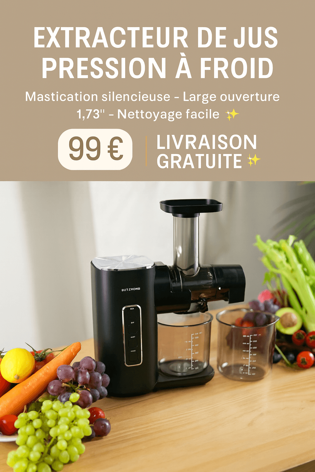 Extracteur de Jus à Pression à Froid – 2 Vitesses –Silencieux avec Large Ouverture 1,73" & Fonction Inverse – Facile à Nettoyer
