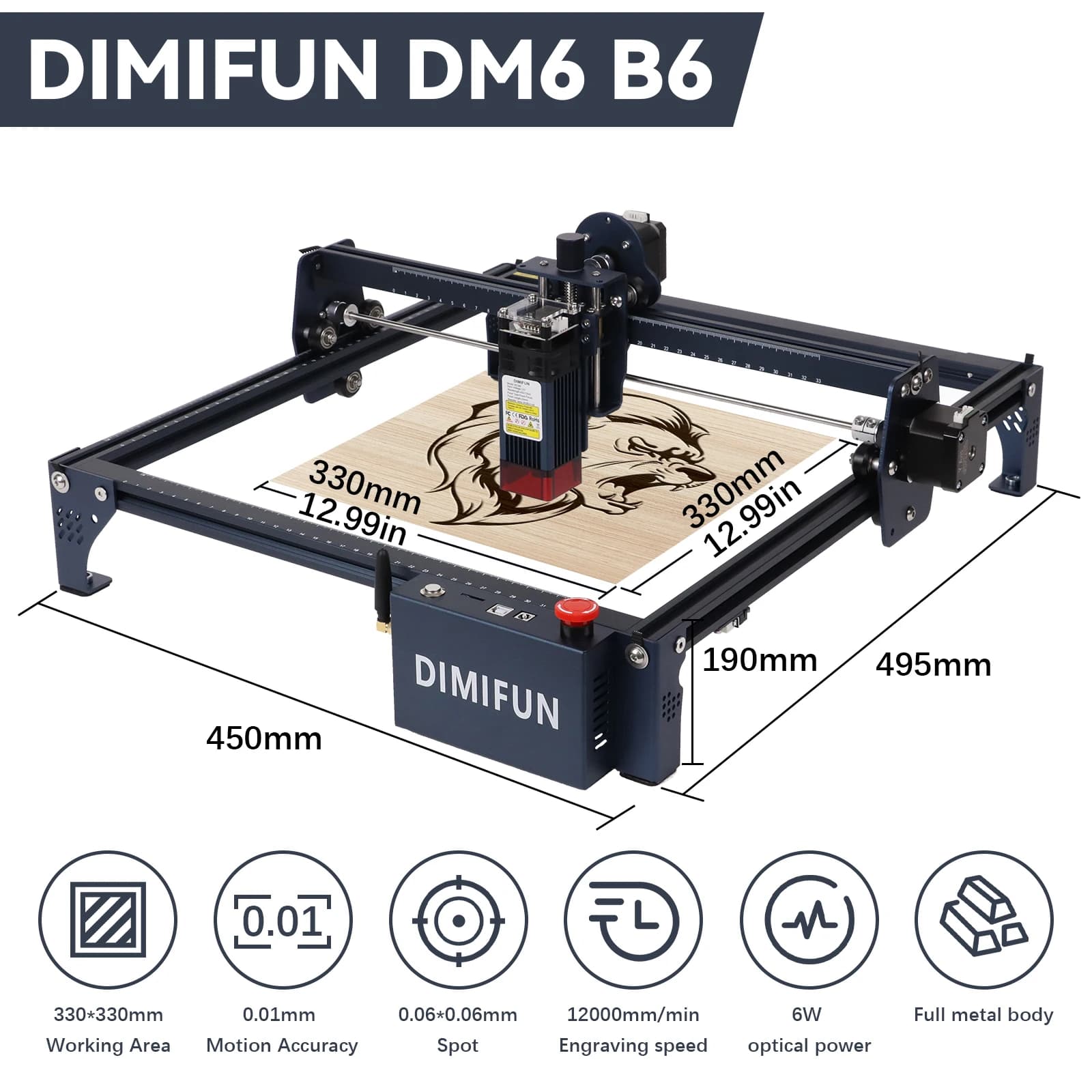 DIMIFUN Laser Master DM6 – Graveur Laser 6W/12W Haute Précision | Découpe Bois Cuir | Marquage Métal | Grande Surface 330×330 mm - 6W , 330*330mm , DI