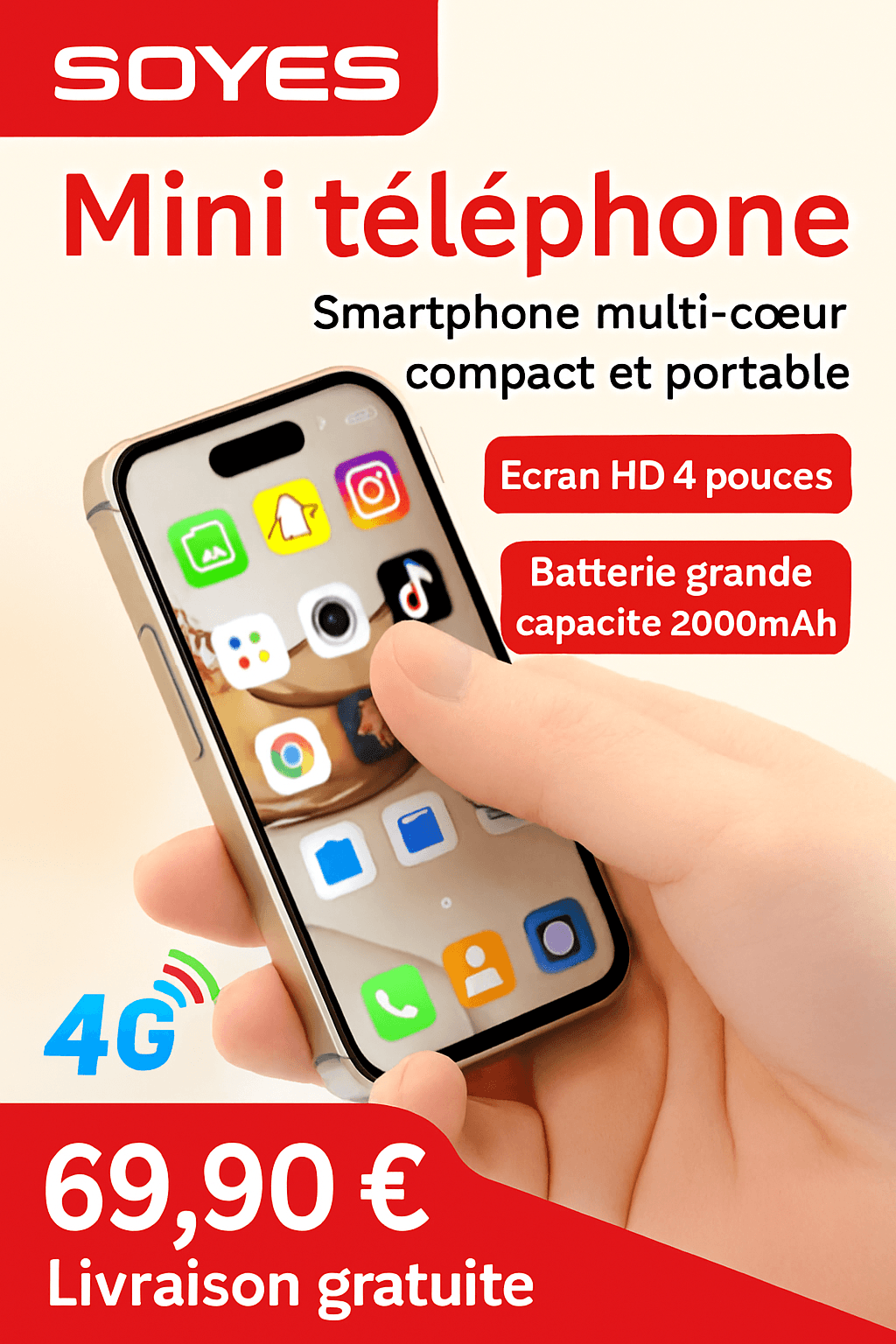 SOYES M17 Pro Mini – Smartphone 4 pouces Android 12 | Double SIM 4G | Ultra‑Compact Léger - Doré , 3 Go 64 Go