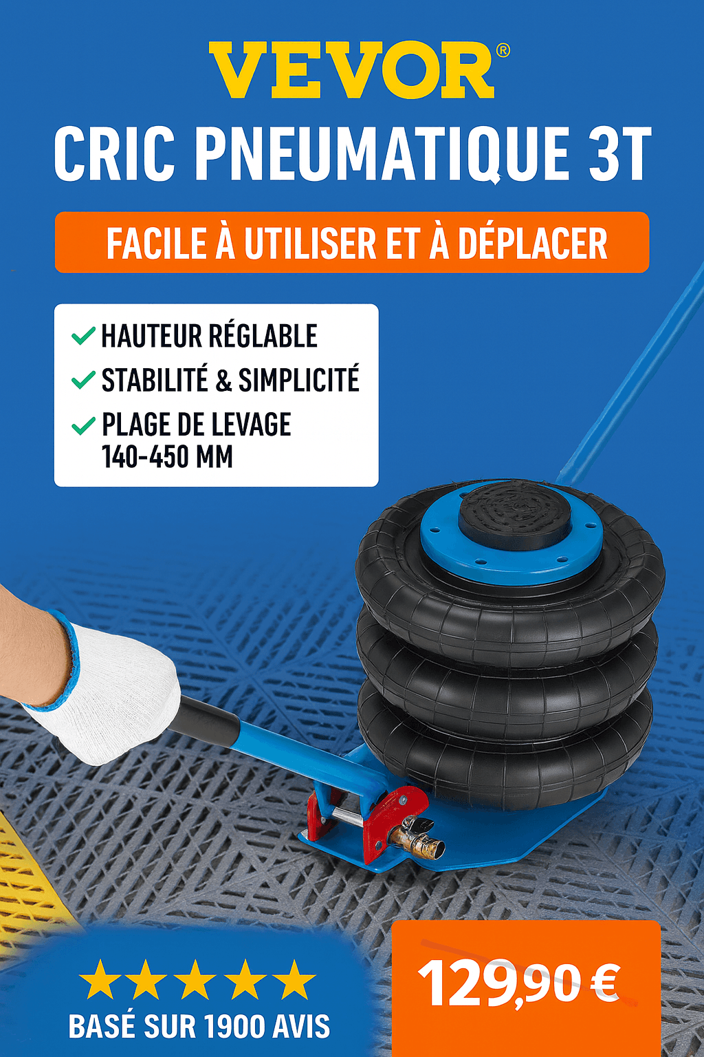 Cric Pneumatique VEVOR 3 Tonnes – Levage Ultra Rapide 140–450 mm – Triple Coussin d’Air – Poignée Longue Ajustable – Idéal Voiture, SUV, Atelier &