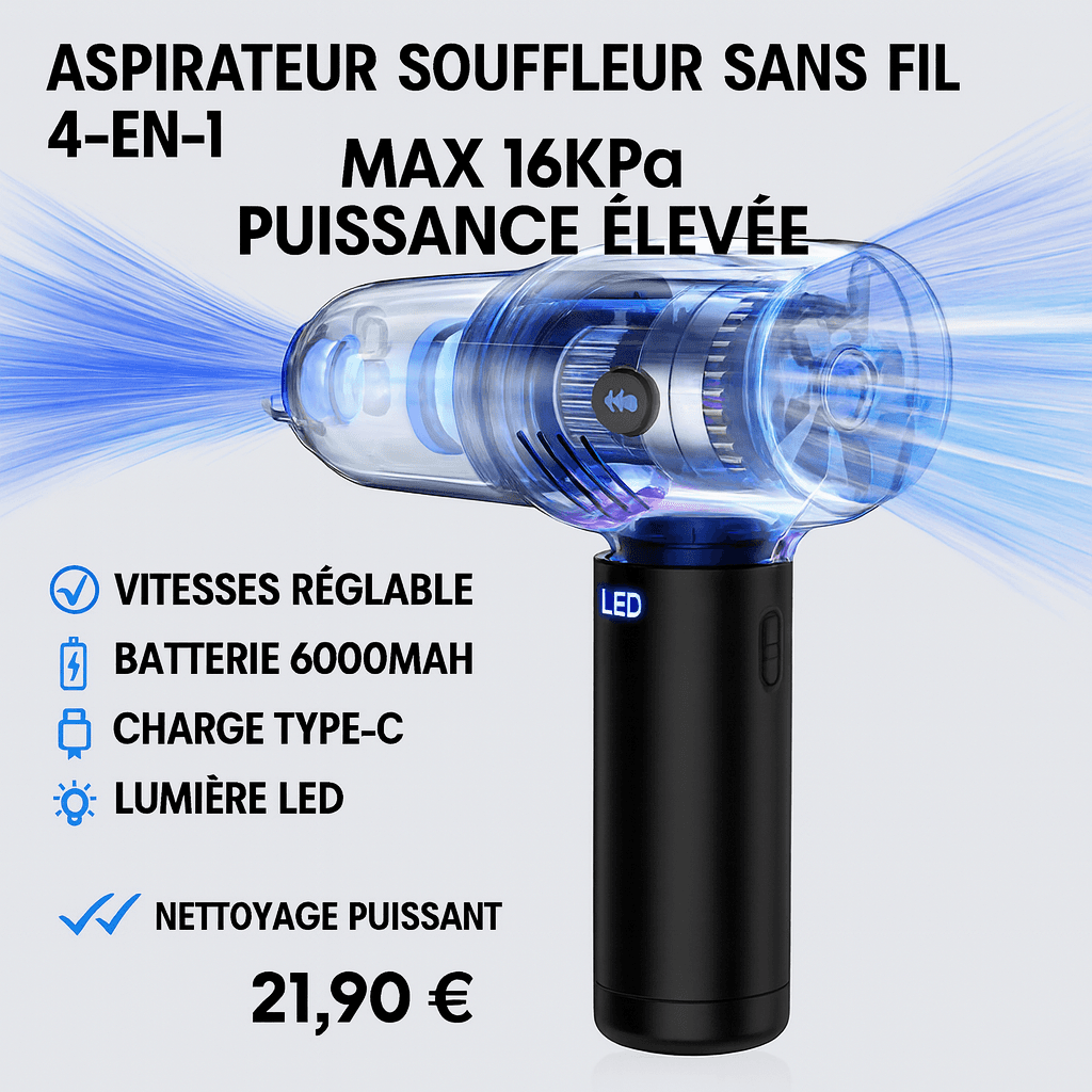 MECO ELEVERDE Aspirateur Souffleur Sans Fil 4‑en‑1 – Puissance 16 KPa, Batterie 6000 mAh, LED & Affichage | Nettoyage PC, voiture, poils d’animaux