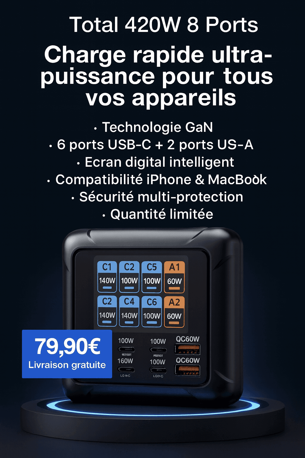 Station de Charge GaN 420W – 8 Ports (6 USB‑C + 2 USB‑A) avec Affichage Digital