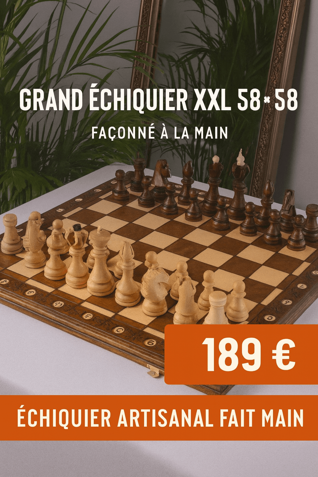 Échiquier Artisanal Fait Main 58×58 cm – Grand Échiquier XXL de Salon – Bois Sculpté & Gravure Manuelle - Sans gravure